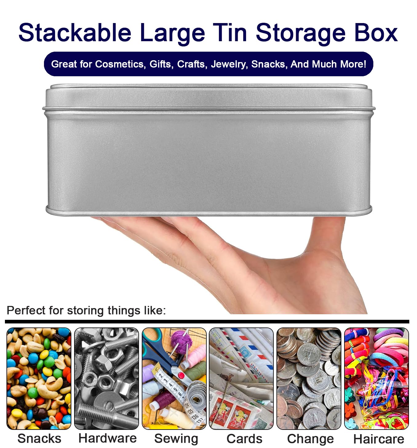 Silver Metal Tin Box with Secure Lid – Large Multipurpose Tin Can Storage Container for Jewelry, Crafts, Cookies, Pills, Gifts, Pencils and More - For Home and Office - 7.8 x 6 x2.8 inches