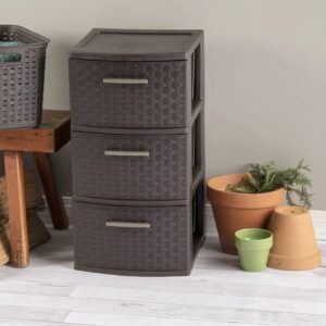 3-Drawer Wide Weave Design Storage Tower, Espresso Frame & Drawers w/Driftwood Handles, Brown, Case of 1 (Espresso)