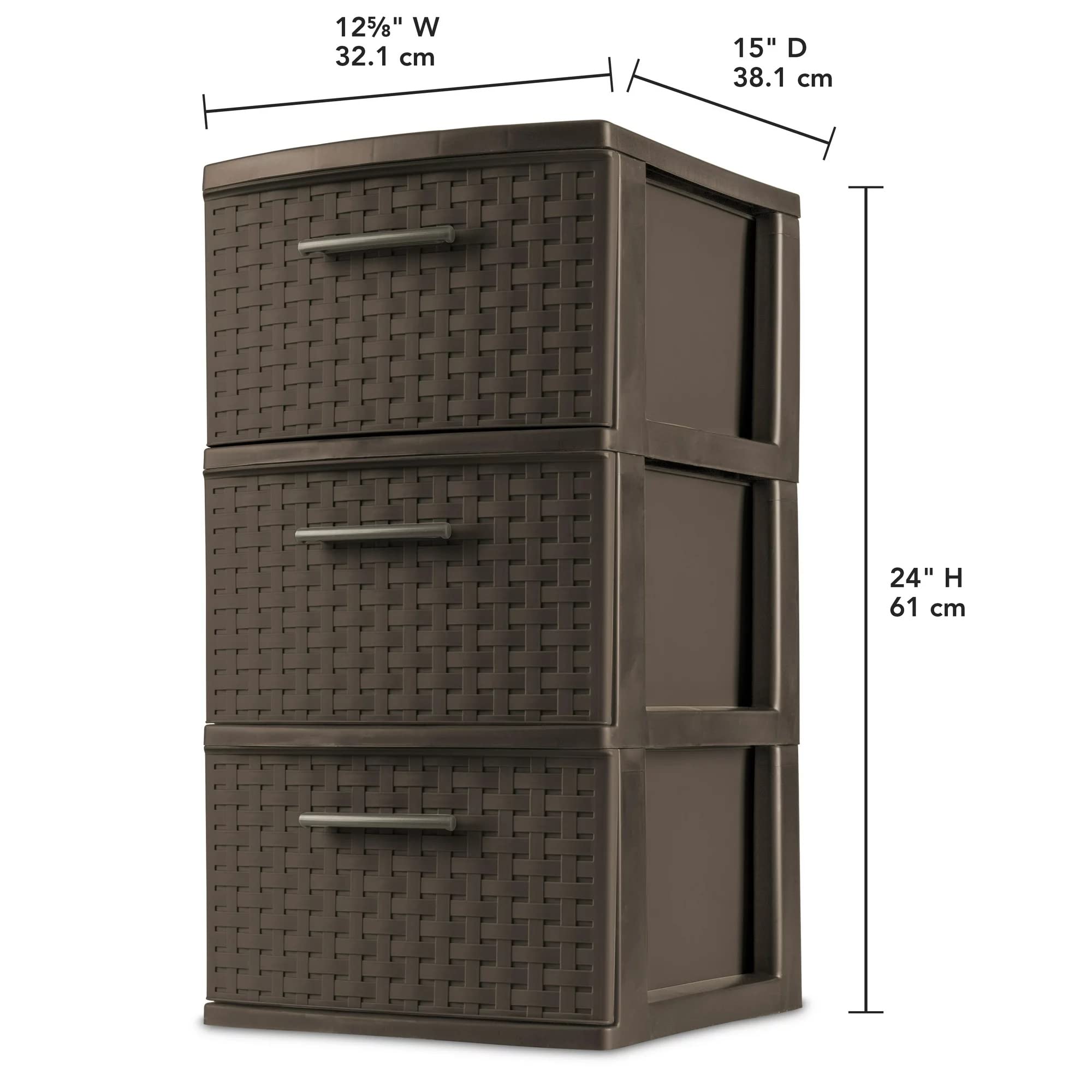 3-Drawer Wide Weave Design Storage Tower, Espresso Frame & Drawers w/Driftwood Handles, Brown, Case of 1 (Espresso)