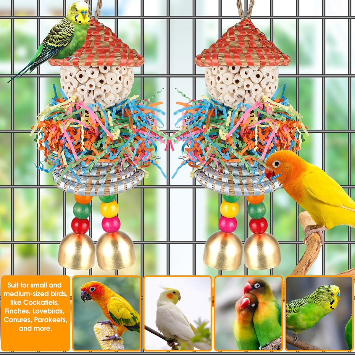 BBjinronjy Conure Toys,2PCS Bird Toys Parrot Foraging Shredder Hanging Toys Sola Balls with Bell for Small Parrots Parakeets Cockatiel Conures Love Birds Budgie Cage Toy