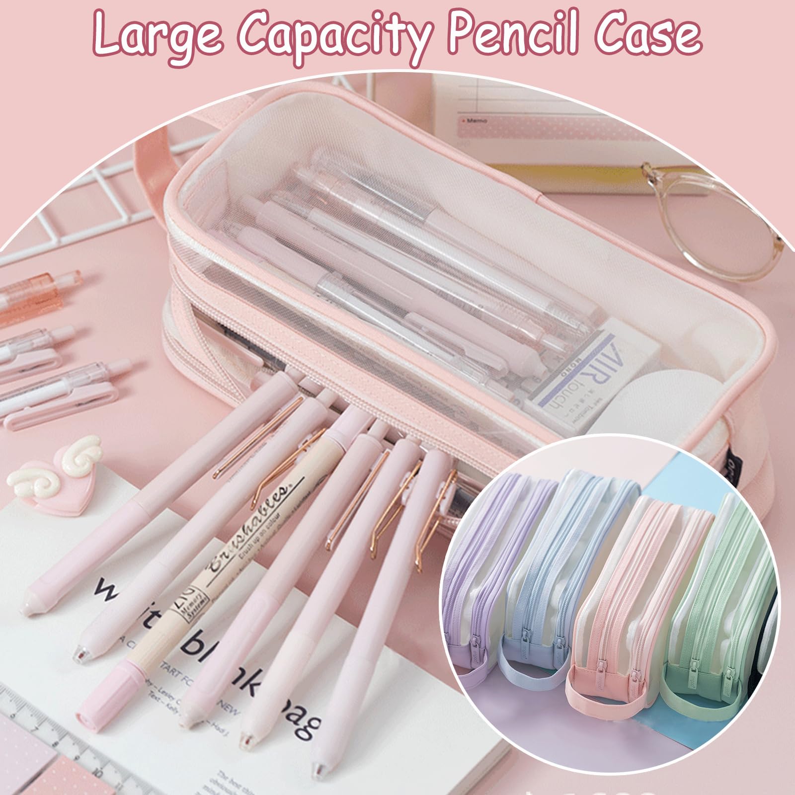 ACEIOT Large Capacity Mesh Pencil Case, Cute Pencil Case for Kids Students, Transparent Makeup Bag, Aesthetic Pencil Case Pouch, Preppy Pencil Case, Pink Pencil Pouch, Stationery Storage Bag