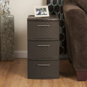 3-Drawer Wide Weave Design Storage Tower, Espresso Frame & Drawers w/Driftwood Handles, Brown, Case of 1 (Espresso)