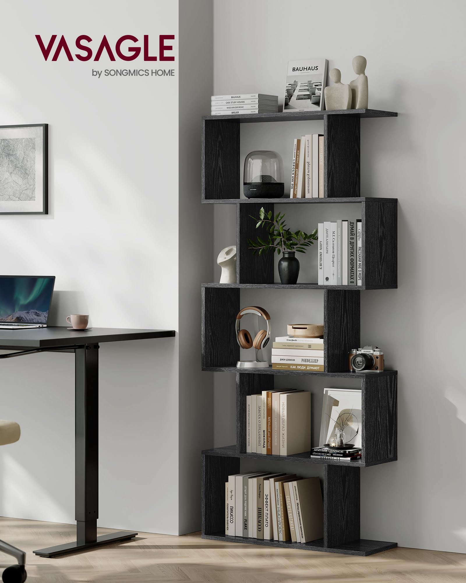 VASAGLE Bookshelf, 5-Tier Bookcase, Tall Display Shelf, Freestanding Storage Shelf, Room Divider, for Home Office, Living Room, Bedroom, Study, Ebony Black ULBC062T56