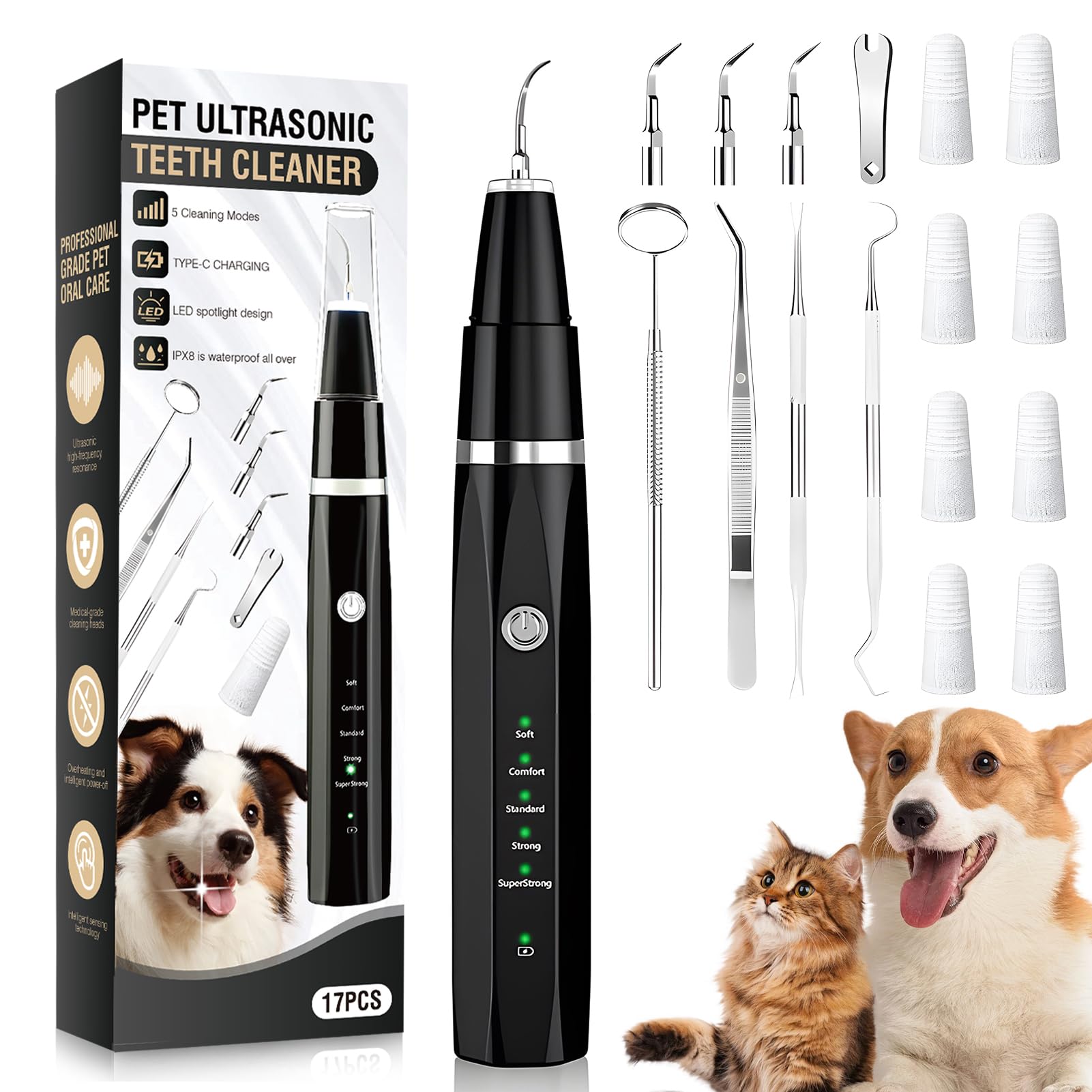 Ultrasonic Tooth Cleaner for Dogs, Dog Teeth Plaque Remover Pets Dental Care Scaler Tartar Stains Electric Cleaning Kit Finger Toothbrush Rechargeable 5 Cleaning Modes 4 Heads with LED Light (Black)