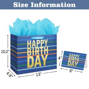 13" Large Blue Gift Bag with Tissue Paper, Card and Handles for Men's Birthday, Kids' or Baby Boy (Stripe)