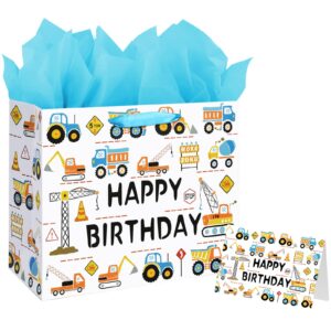 13" large happy birthday gift bag for baby boy kids with tissue paper and card (construction vehicle)