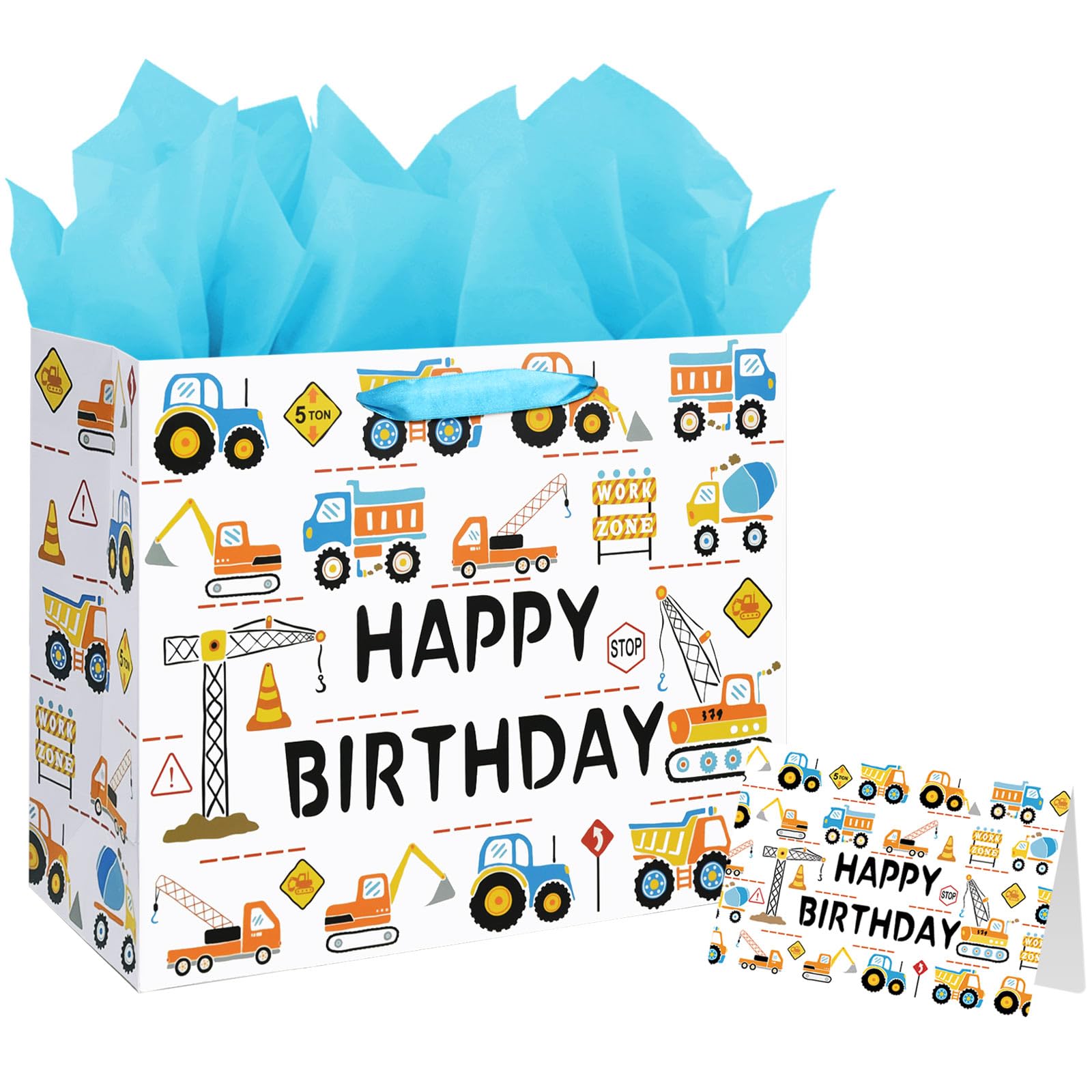 13" Large Happy Birthday Gift Bag for Baby Boy Kids with Tissue Paper and Card (Construction Vehicle)