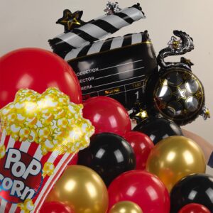 Movie Night Themed Balloon Garland Arch Set 119pcs Red Black Gold with Mylar Camera Stars Popcorn Movie Clapperboard Balloons for Birthday Movie Theme 2025 Graduation Party Decorations