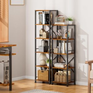 Furologee 6 Tier Tall Bookshelf, Industrial Narrow Bookcase, Display Standing Shelf Units, Metal and Wood Storage Rack Organizer for Living Room, Home Office, Entryway, Kitchen, Rustic Brown