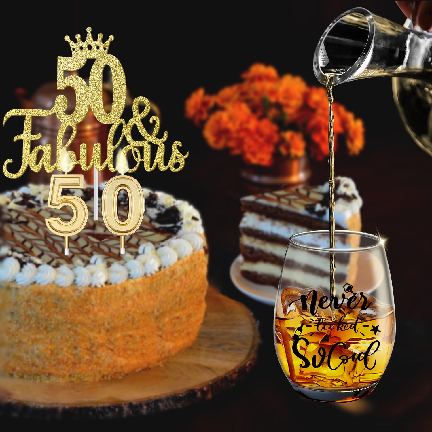 Juesly 50th Birthday Gifts for Women with 15oz Wine Glass, 50th Birthday Crown, Sash, Cake Topper and Candles, 50 Year Old Birthday Decorations 50th Birthday Gifts Idea