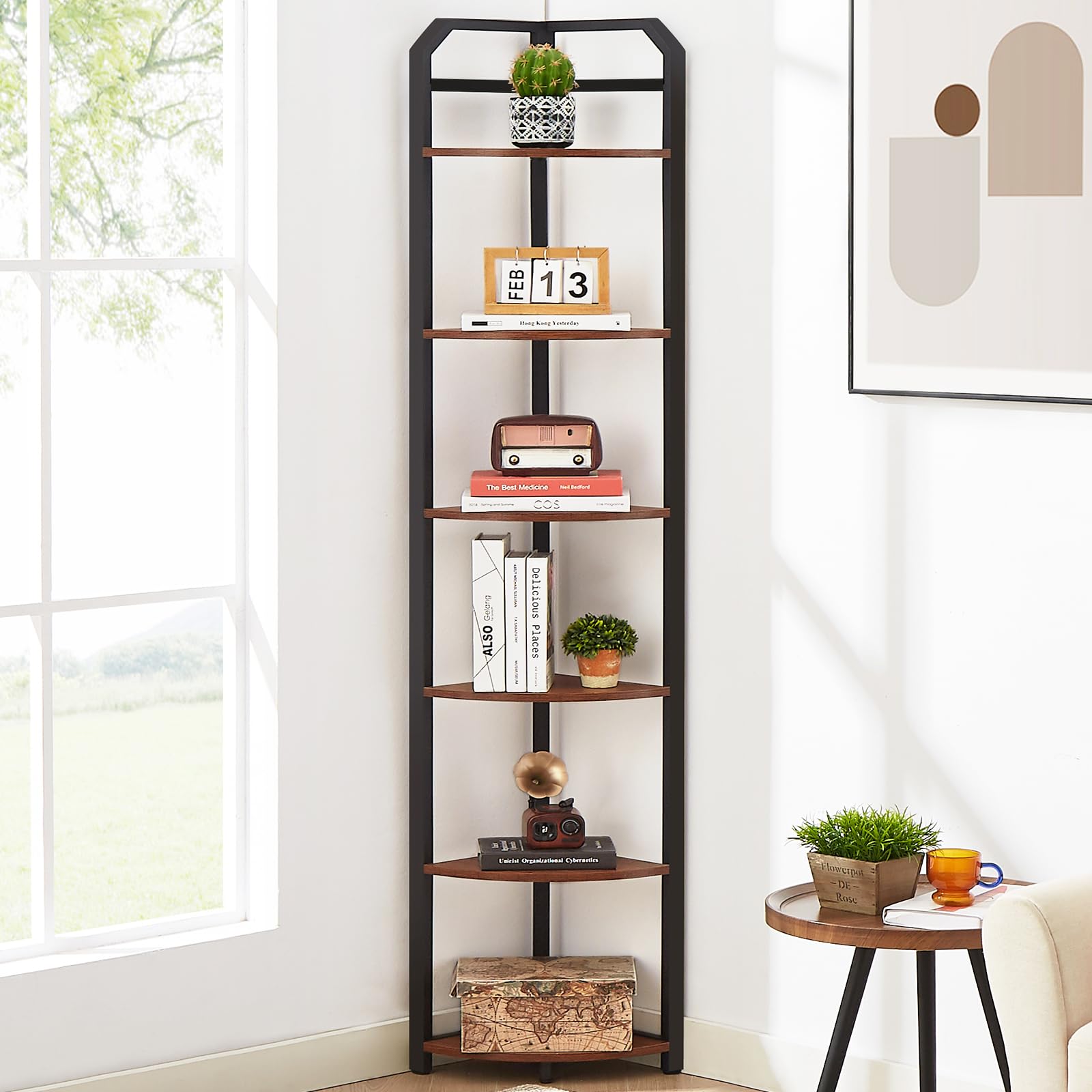 MNEETRUNG Corner Shelf, 6-Tier Industrial Corner Bookshelf, Freestanding Corner Shelf Stand with Metal Frame, Tall Corner Plant Stand for Small Space, Home Office, Living Room, Bedroom, Brown