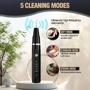 Ultrasonic Tooth Cleaner for Dogs, Dog Teeth Plaque Remover Pets Dental Care Scaler Tartar Stains Electric Cleaning Kit Finger Toothbrush Rechargeable 5 Cleaning Modes 4 Heads with LED Light (Black)