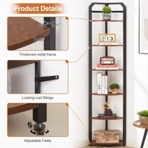 MNEETRUNG Corner Shelf, 6-Tier Industrial Corner Bookshelf, Freestanding Corner Shelf Stand with Metal Frame, Tall Corner Plant Stand for Small Space, Home Office, Living Room, Bedroom, Brown