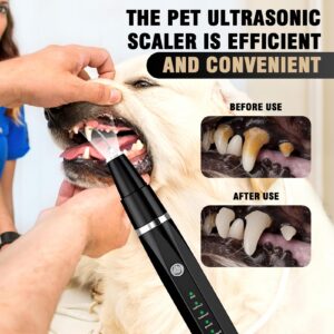 Ultrasonic Tooth Cleaner for Dogs, Dog Teeth Plaque Remover Pets Dental Care Scaler Tartar Stains Electric Cleaning Kit Finger Toothbrush Rechargeable 5 Cleaning Modes 4 Heads with LED Light (Black)