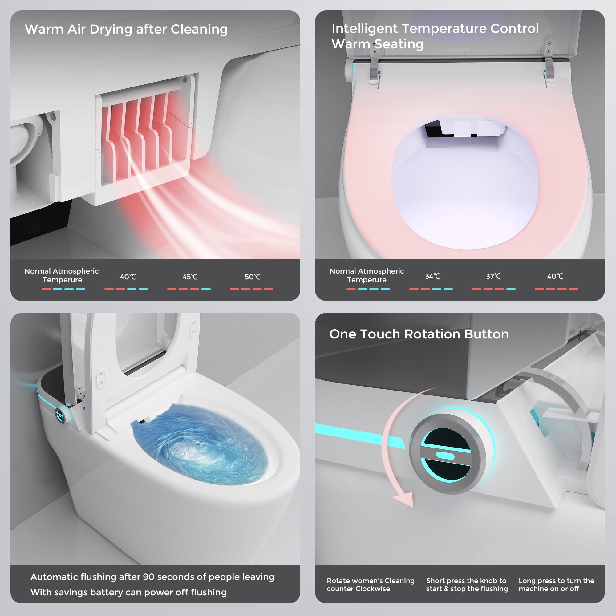 Auto Open/Close Lid Smart Toilet Bidet with Built-in Tank, Auto Flush & Wash, Elongated Heated Seat, Adjustable Water Temperature, and LED Light (1.28GPF)