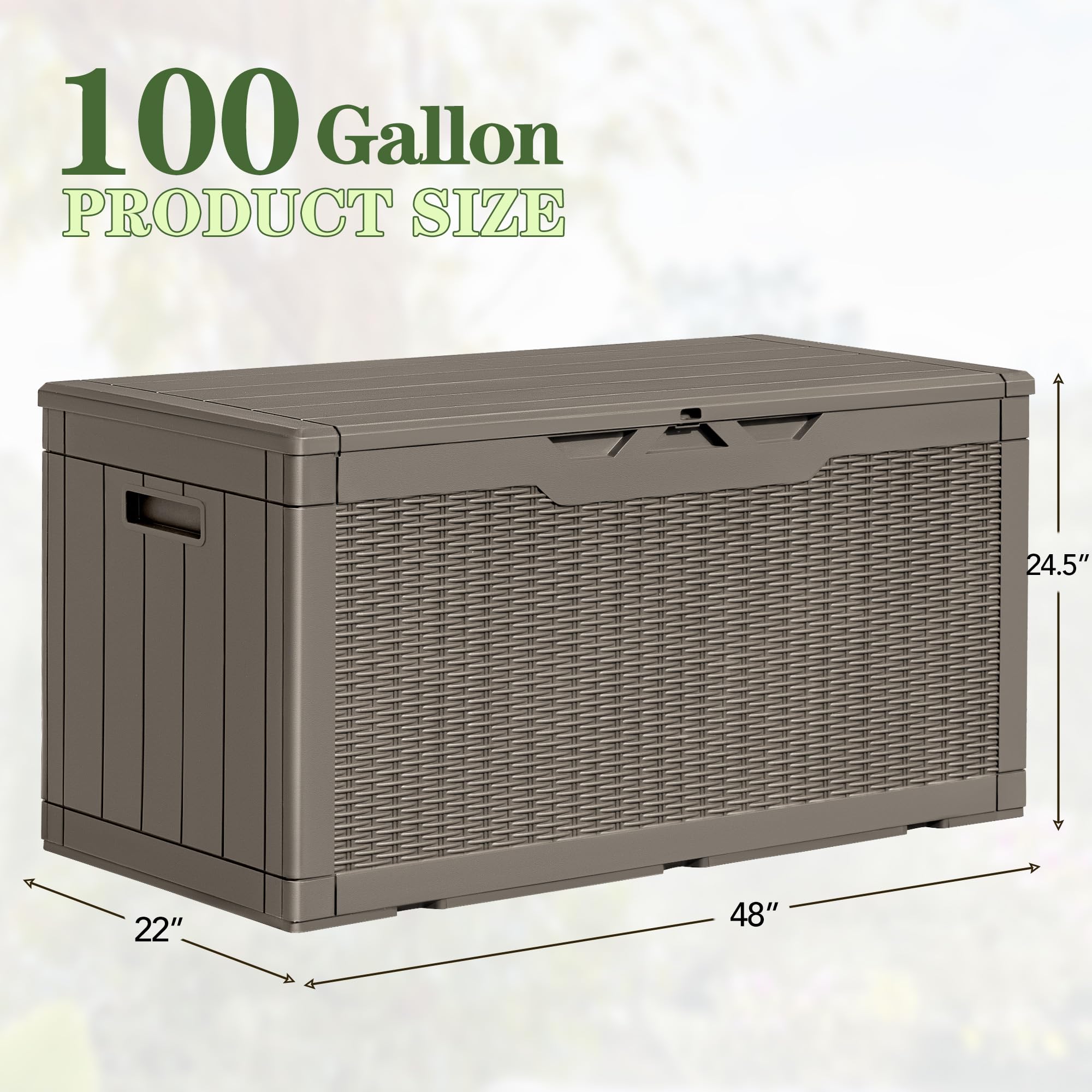 Greesum 100 Gallon Resin Deck Box Lockable Large Outdoor Storage Boxes for Garden Tools, Patio Furniture Cushions, Pool Supplies, Light Coffee