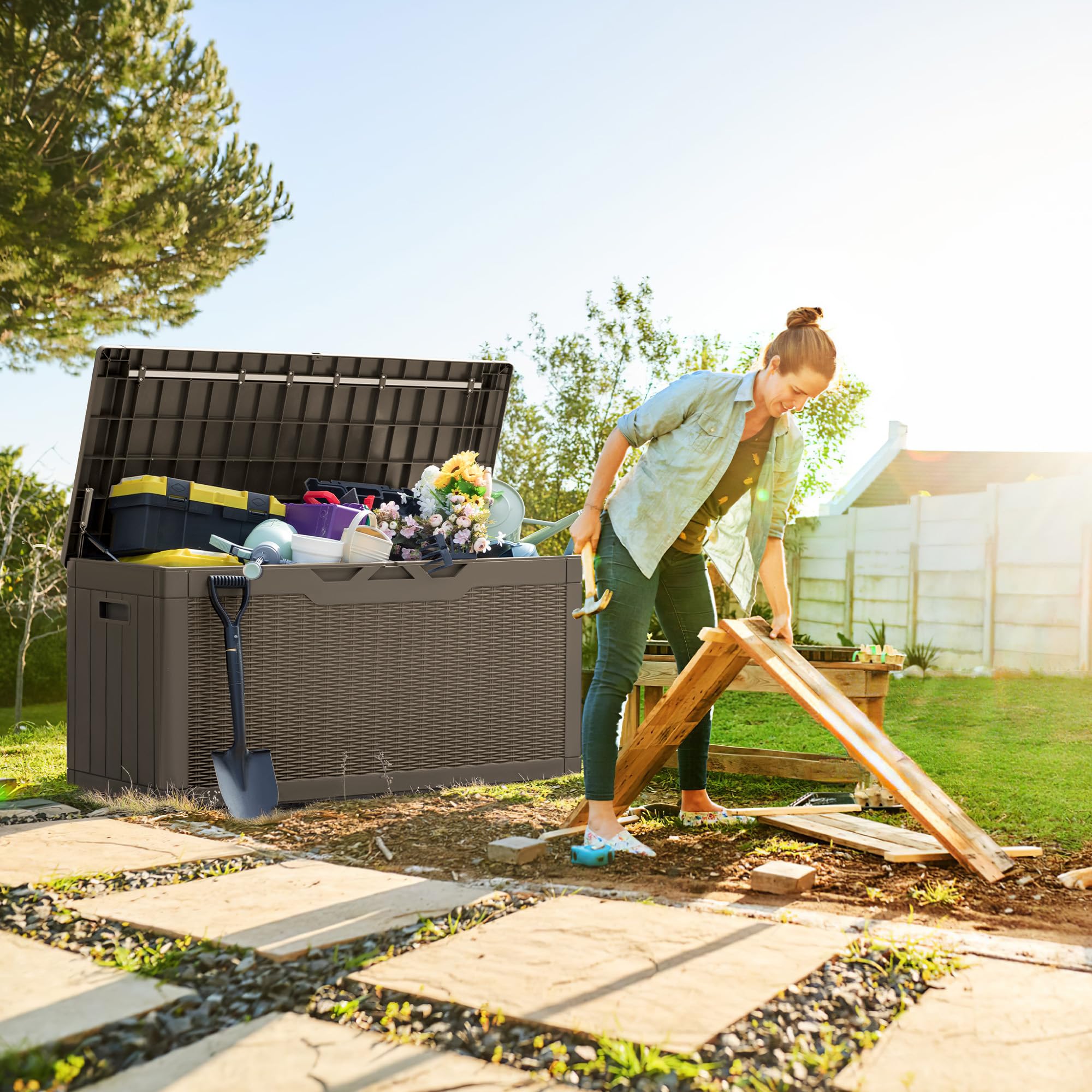 Greesum 100 Gallon Resin Deck Box Lockable Large Outdoor Storage Boxes for Garden Tools, Patio Furniture Cushions, Pool Supplies, Light Coffee