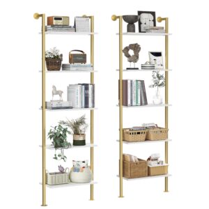 acovy 5-tier bookshelf solid wood ladder shelf, narrow book shelf set of 2, wooden ladder shelf bookcase, wall mount ladder shelf, storage rack for living room, bedroom, bathroom, white and gold