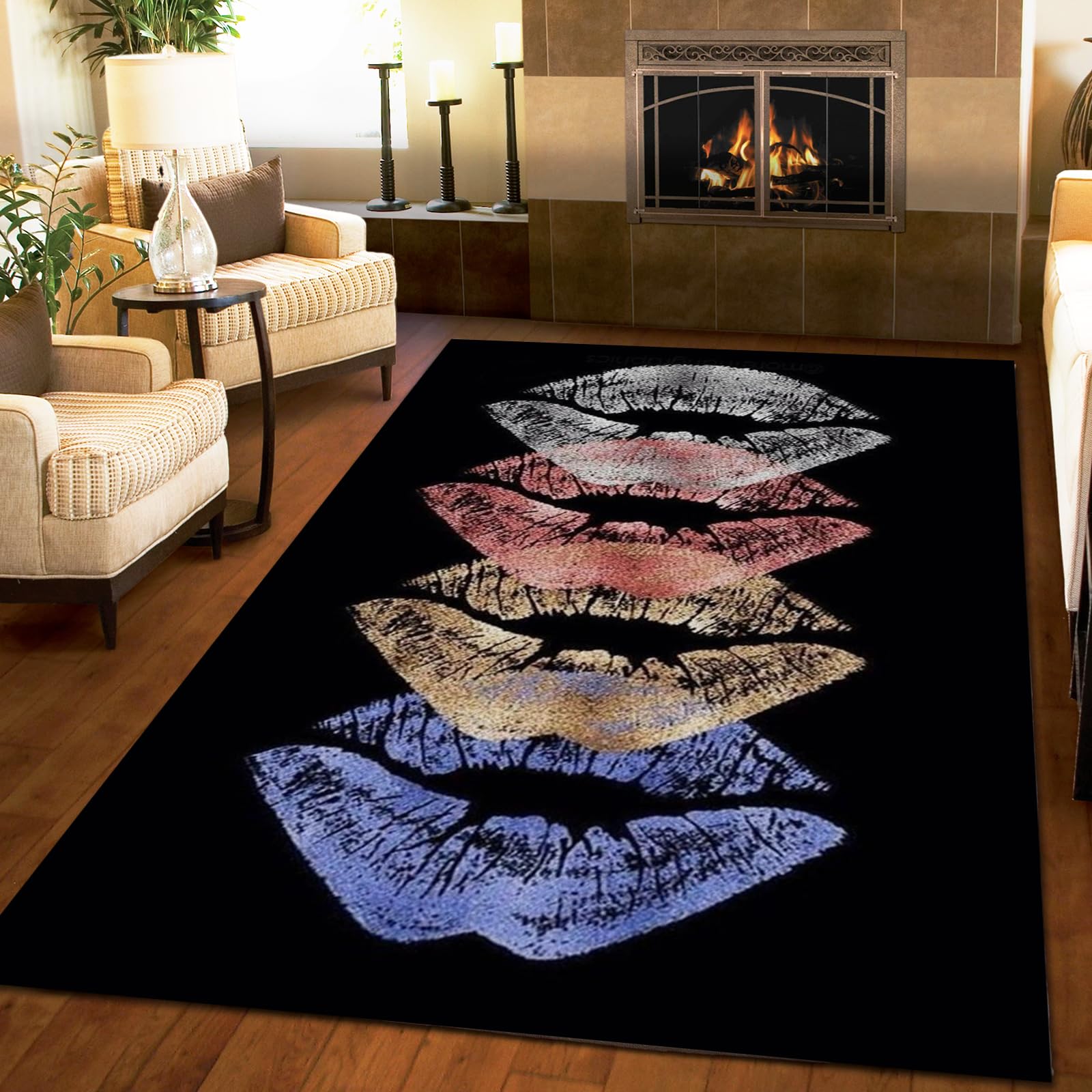 Colored Lips Lip Prints Area Rugs, Black Background Red Blue Fashion Creative Non-Slip Mat, Carpet Mat Soft and Comfortable Bright Color Apply to Bedroom Living Room Farmhouse,4×6ft/120 * 180cm