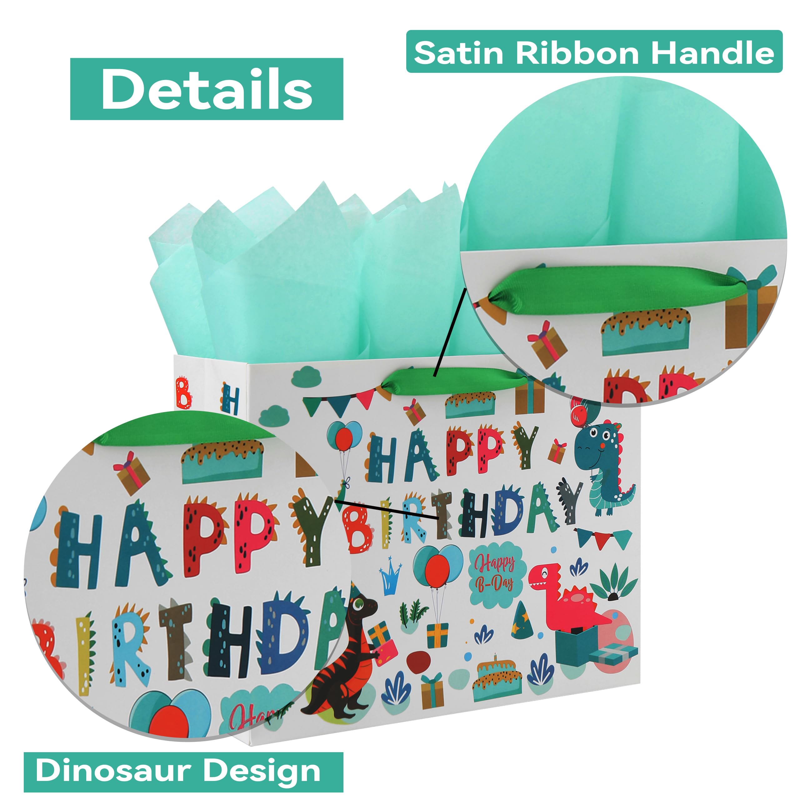 13" Large White Gift Bag Set with Greeting Card and Tissue Paper (Green Dinosaur Design and Happy Birthday) for Boys, Girls, Kids Party, Baby Showers