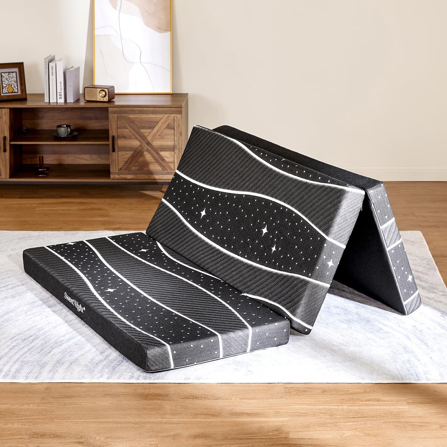 Sweetnight Portable Tri Folding Mattress Foldable - 4-inch Foldable Mattress with Removable & Breathable Cover | Comfy Soft Double-Sided Tri-Fold Mattress |Star Pattern （Full）