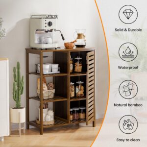 HITNET Bathroom Storage Cabinet Bamboo, Free Standing Floor Cabinet, Kitchen Cupboard Side Storage Organizer with Shutter Door and 3 Side Shelves, Walnut