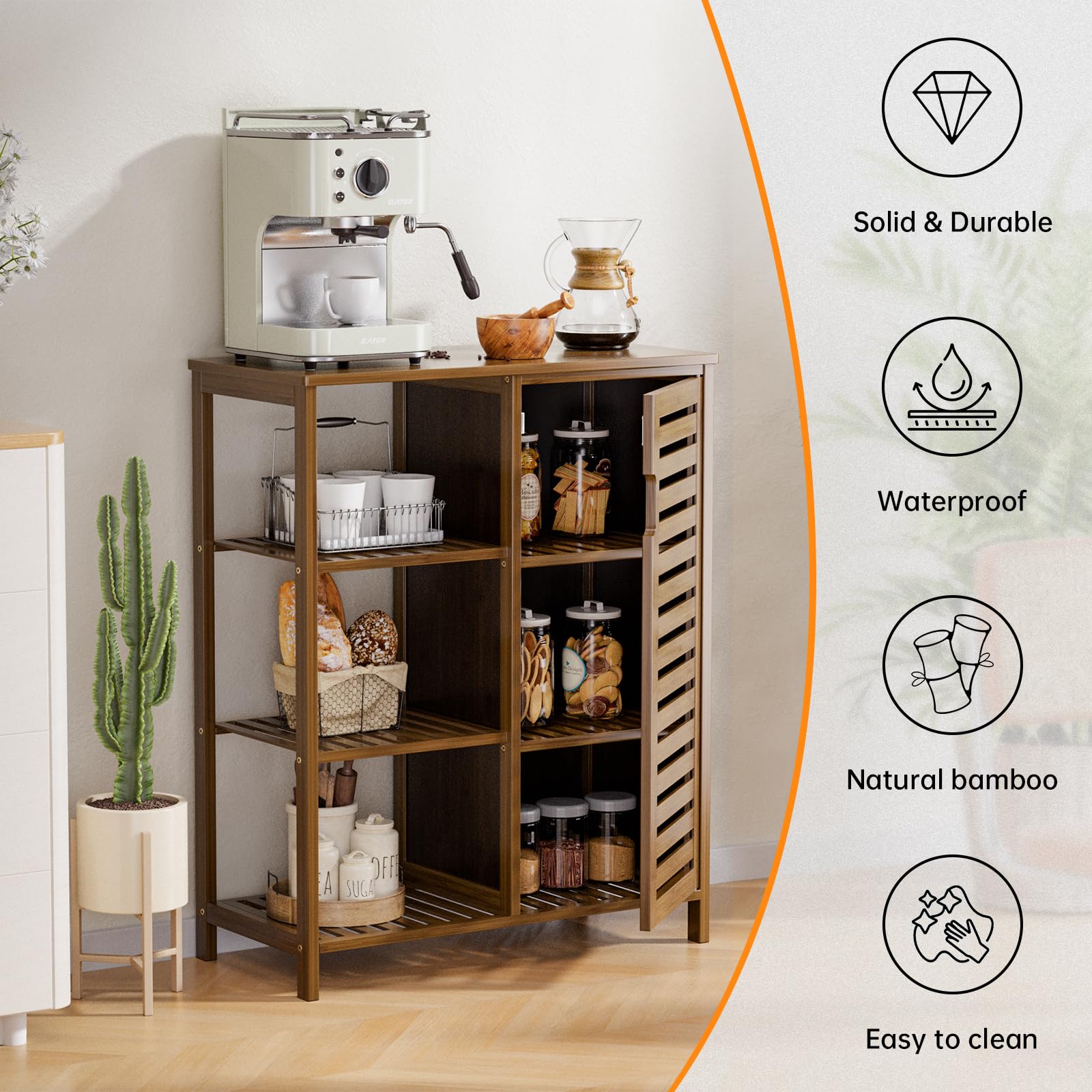 HITNET Bathroom Storage Cabinet Bamboo, Free Standing Floor Cabinet, Kitchen Cupboard Side Storage Organizer with Shutter Door and 3 Side Shelves, Walnut