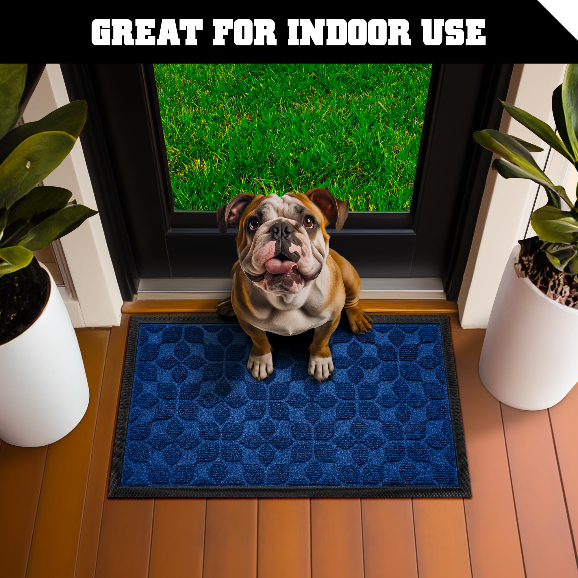 G128 Home Entrance Blue Geometric Floral Pattern Door Mat | 17x29.5 in | Thick Absorbent Natural Rubber Non Slip, Indoor/Outdoor, Easy Clean, Welcome Mats for Front Door/Patio/Garage