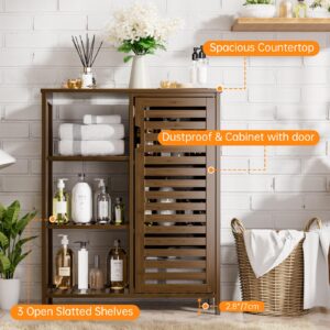 HITNET Bathroom Storage Cabinet Bamboo, Free Standing Floor Cabinet, Kitchen Cupboard Side Storage Organizer with Shutter Door and 3 Side Shelves, Walnut