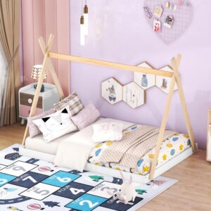 rorigat full size tent floor bed with triangle structure,wood bed frame for girls and boys,white+natural