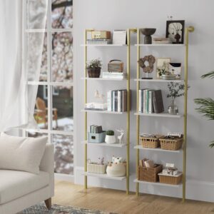 Acovy 5-Tier Bookshelf Solid Wood Ladder Shelf, Narrow Book Shelf Set of 2, Wooden Ladder Shelf Bookcase, Wall Mount Ladder Shelf, Storage Rack for Living Room, Bedroom, Bathroom, White and Gold