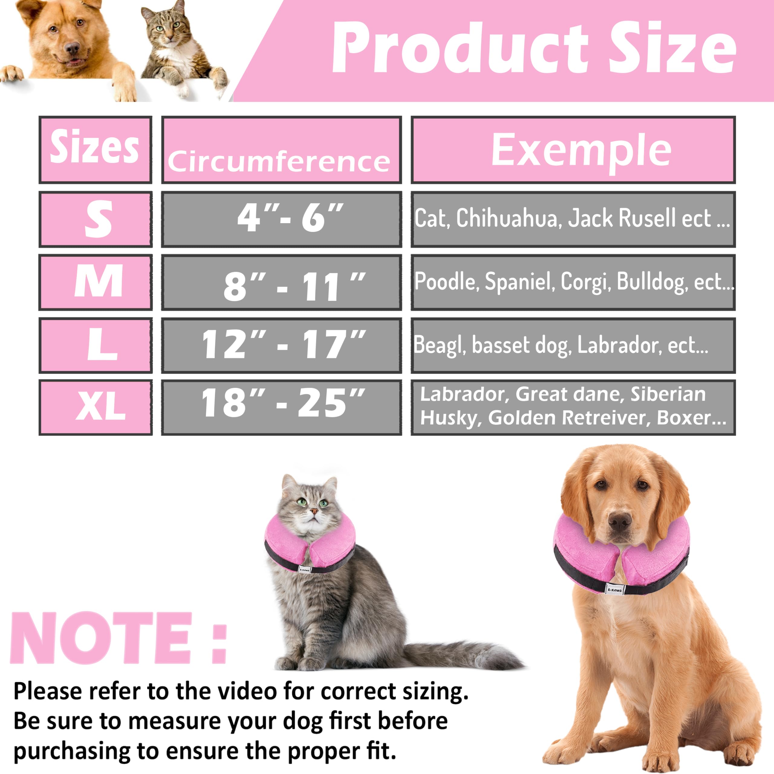 Protective Inflatable Collar for Dogs, Soft Inflatable Dog Neck Donut Collar Alternative After Surgery, Blow Up Dog Collar E Collar Substitute (Medium, Pink)