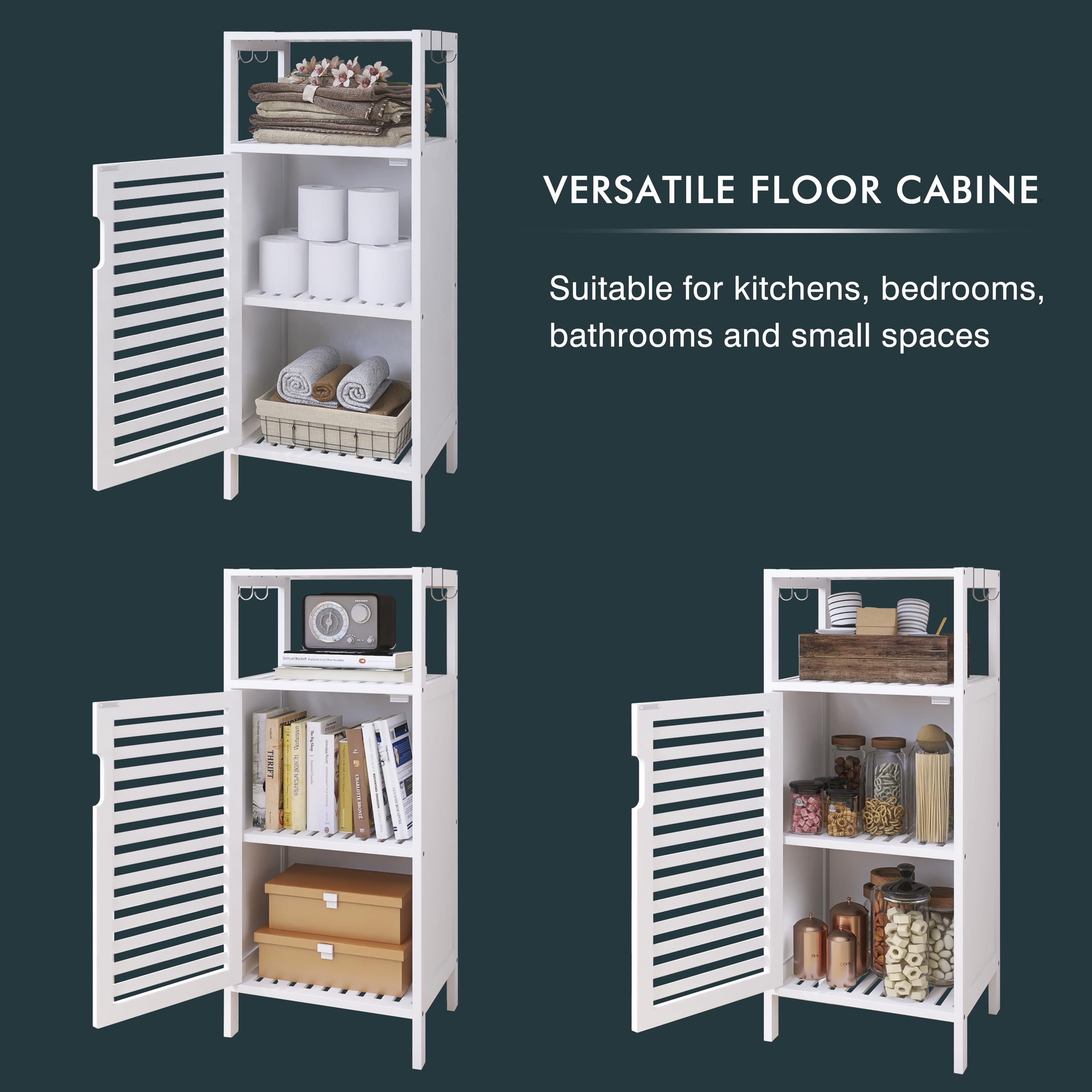 HITNET Bamboo Bathroom Storage Cabinet, 4 Tier Small White Floor Cabinet with Single Door, Free Standing Slim Narrow Storage Organizer for Bedroom Living Room