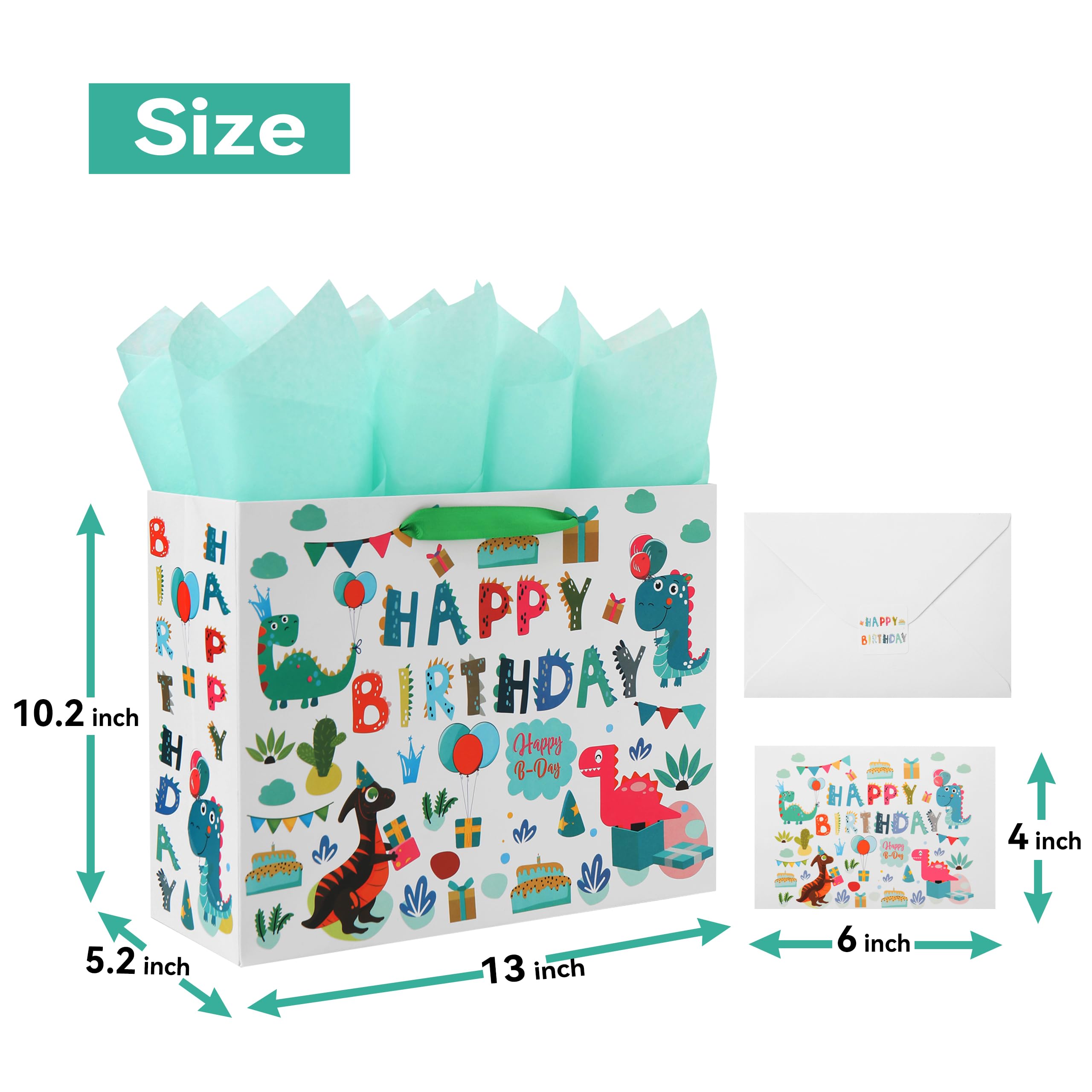 13" Large White Gift Bag Set with Greeting Card and Tissue Paper (Green Dinosaur Design and Happy Birthday) for Boys, Girls, Kids Party, Baby Showers