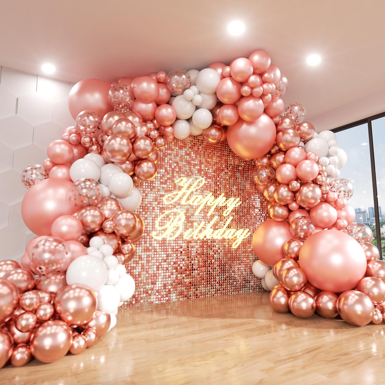 ADOINBY Rose Gold Balloons Arch Kit, 140Pcs Metallic Rose Gold White Balloon 18 12 10 5 Inch Different Size Balloons Garland Kit for Birthday Party Bridal Shower Wedding Girls Engagement Decorations