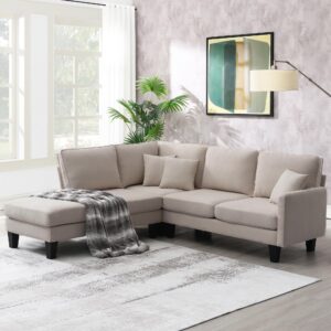 jeffski 90" l-shaped sectional sofa, 5-seat terrycloth modern sofa couch with chaise lounge and 3 pillows for living room, apartment, office, beige