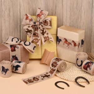 5Rolls Wild Horse Wired Ribbon Horse Head Equid Horseshoe Print Burlap Ribbon for Gift Wrapping Wreath Making for Farmhouse Birthday Horse Racing Party Craft Supplies (Brown)