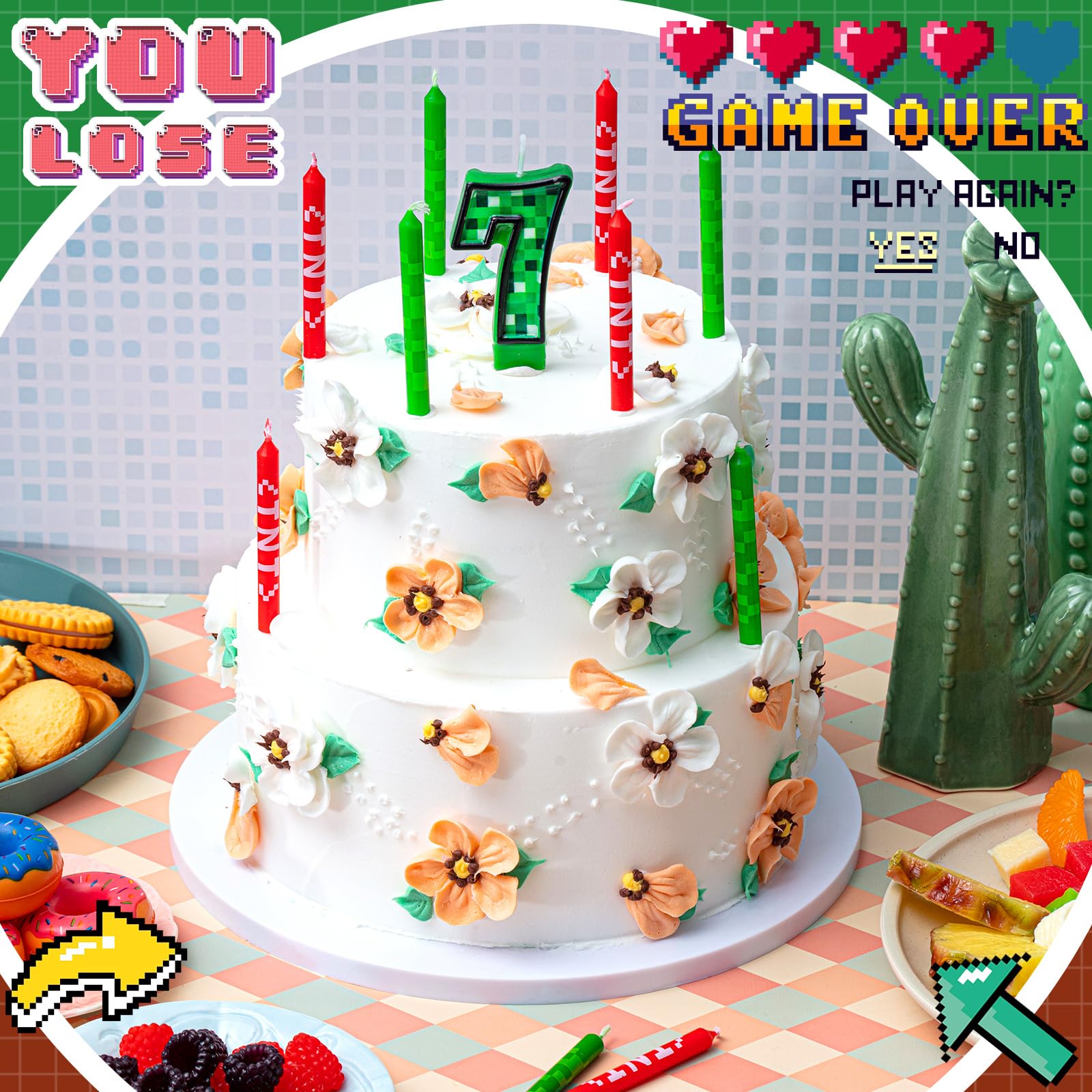 Landhoow 13 Pieces TNT Themed Birthday Candles for Cake Green Number Candle Pixel Cake Candles for Birthday Graduation Celebration Wedding Party Supplies Decoration(Number 7)