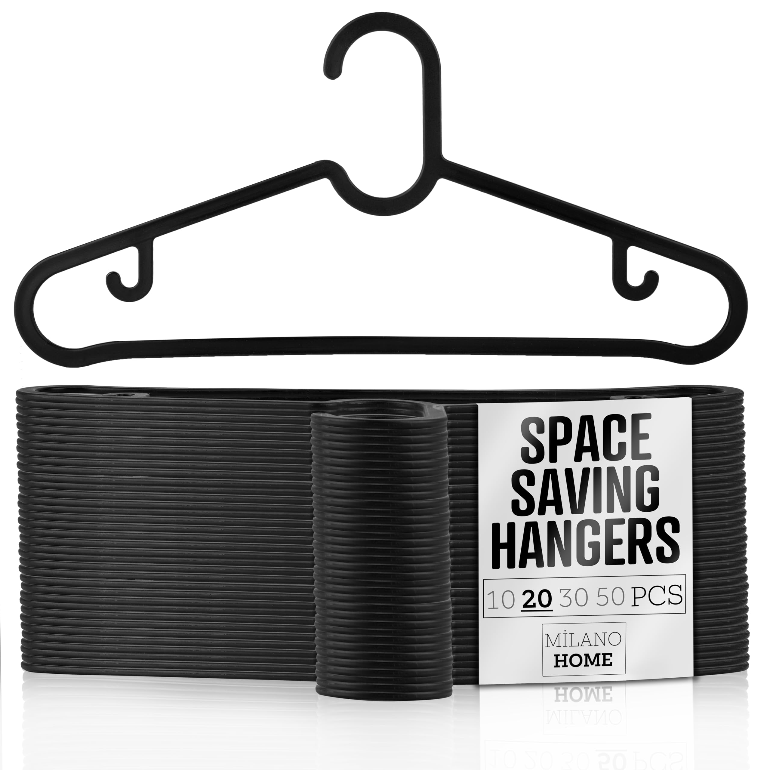 Milano Home Plastic Clothes Hangers - Black - Lightweight and Durable Coat Hangers - Space-Saving Hangars for Shirts, Jackets, and Coats - Multipurpose Hanger Set for Closet Organization