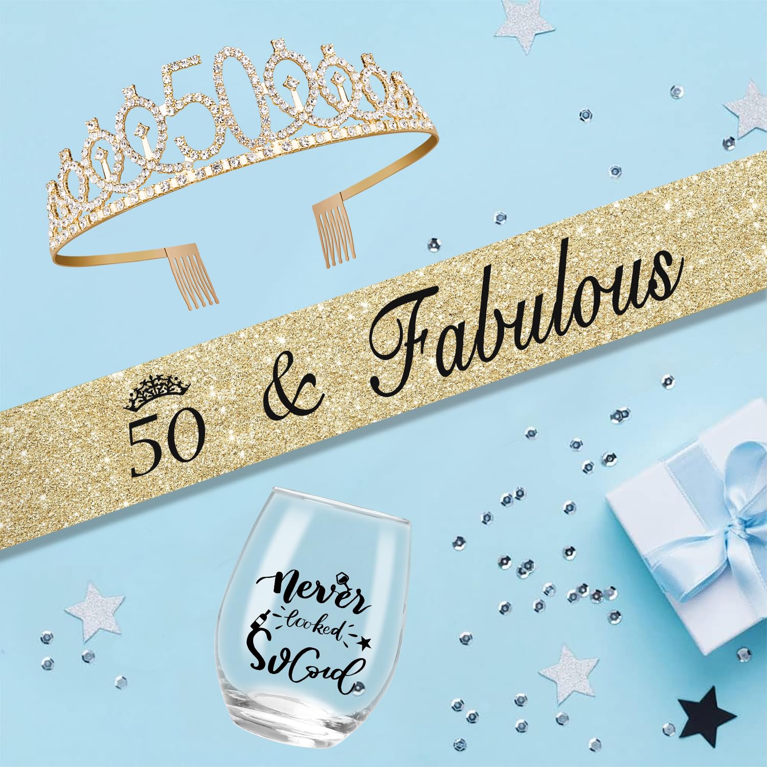 Juesly 50th Birthday Gifts for Women with 15oz Wine Glass, 50th Birthday Crown, Sash, Cake Topper and Candles, 50 Year Old Birthday Decorations 50th Birthday Gifts Idea