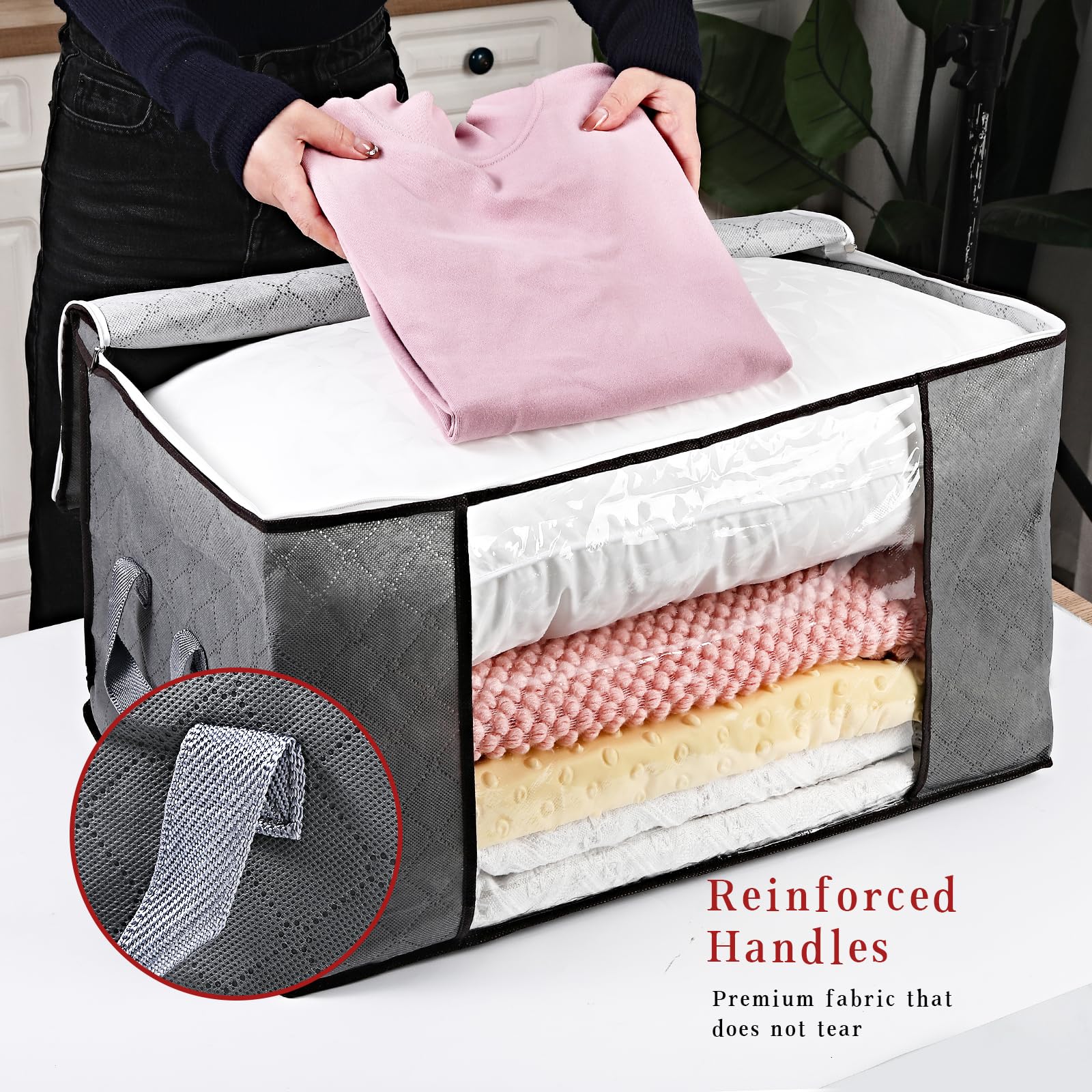 Joymeezo 90L Grey Large Storage Bags, 6 Pack Foldable Closet Organizers Linen Storage Containers with Zippers and Durable Handle for Clothing, Blanket, Comforters, Pillows, Sweaters and Toys