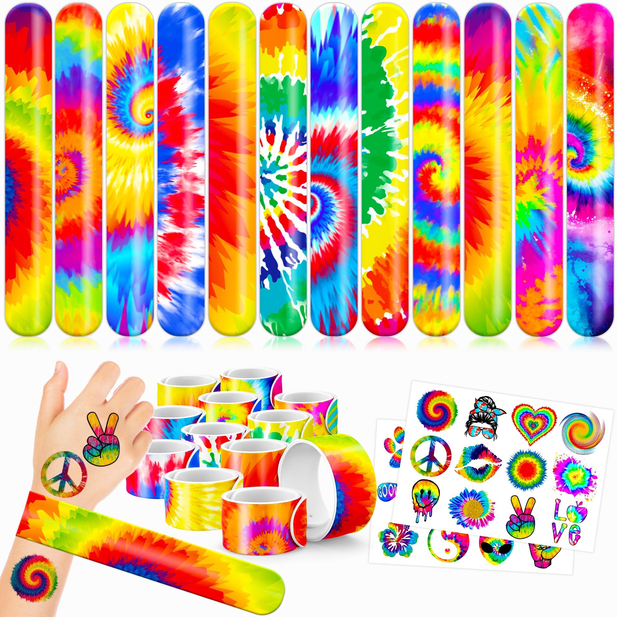 48PCS Tie Dye Party Favors 24PCS Tattoos 24PCS Slap Bracelets Wristbands Themed Birthdays Party Supplies Decorations Decor Tie Dye Baby Shower Pattern Girls Boys Gifts Classroom Prize Reward