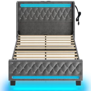 Rolanstar Queen Bed Frame with LED Light and Charging Station, Upholstered High Headboard and Footboard, Wood Slats, Noise Free, Easy Assembly, Grey