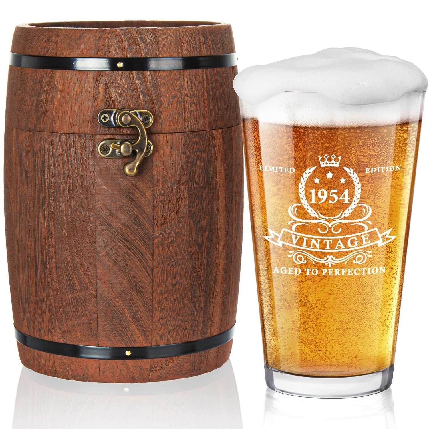 LIGHTEN LIFE 70th Birthday Gifts for Men 16oz,1954 Beer Glass in Barrel Box,70th Birthday Beer Glass,70th Birthday Gift Ideas,1954 Pint Glass for 70 Years Old Dad,Husband,70th Beer Glass