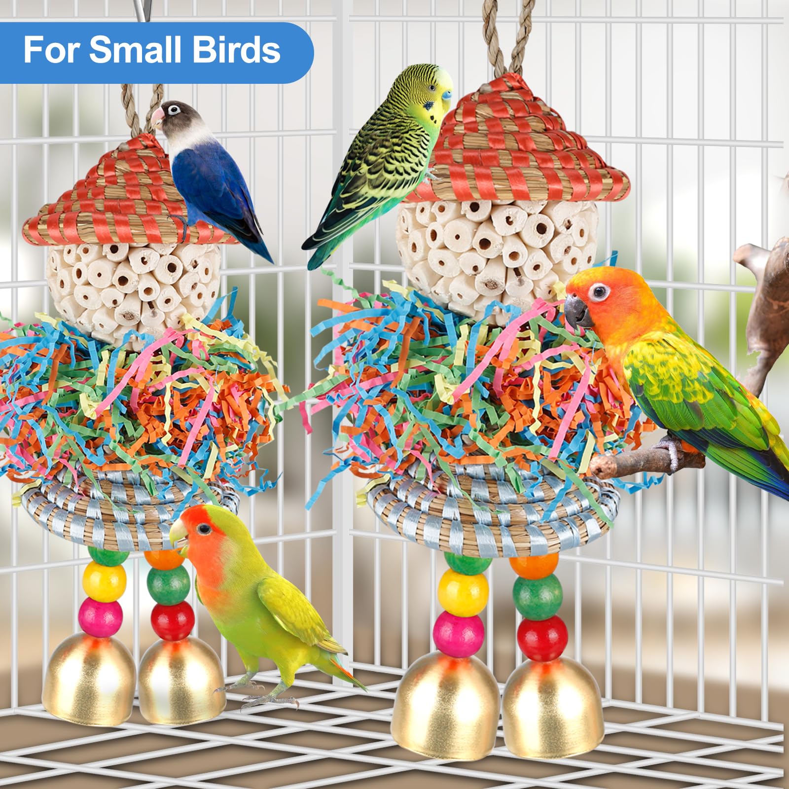 BBjinronjy Conure Toys,2PCS Bird Toys Parrot Foraging Shredder Hanging Toys Sola Balls with Bell for Small Parrots Parakeets Cockatiel Conures Love Birds Budgie Cage Toy