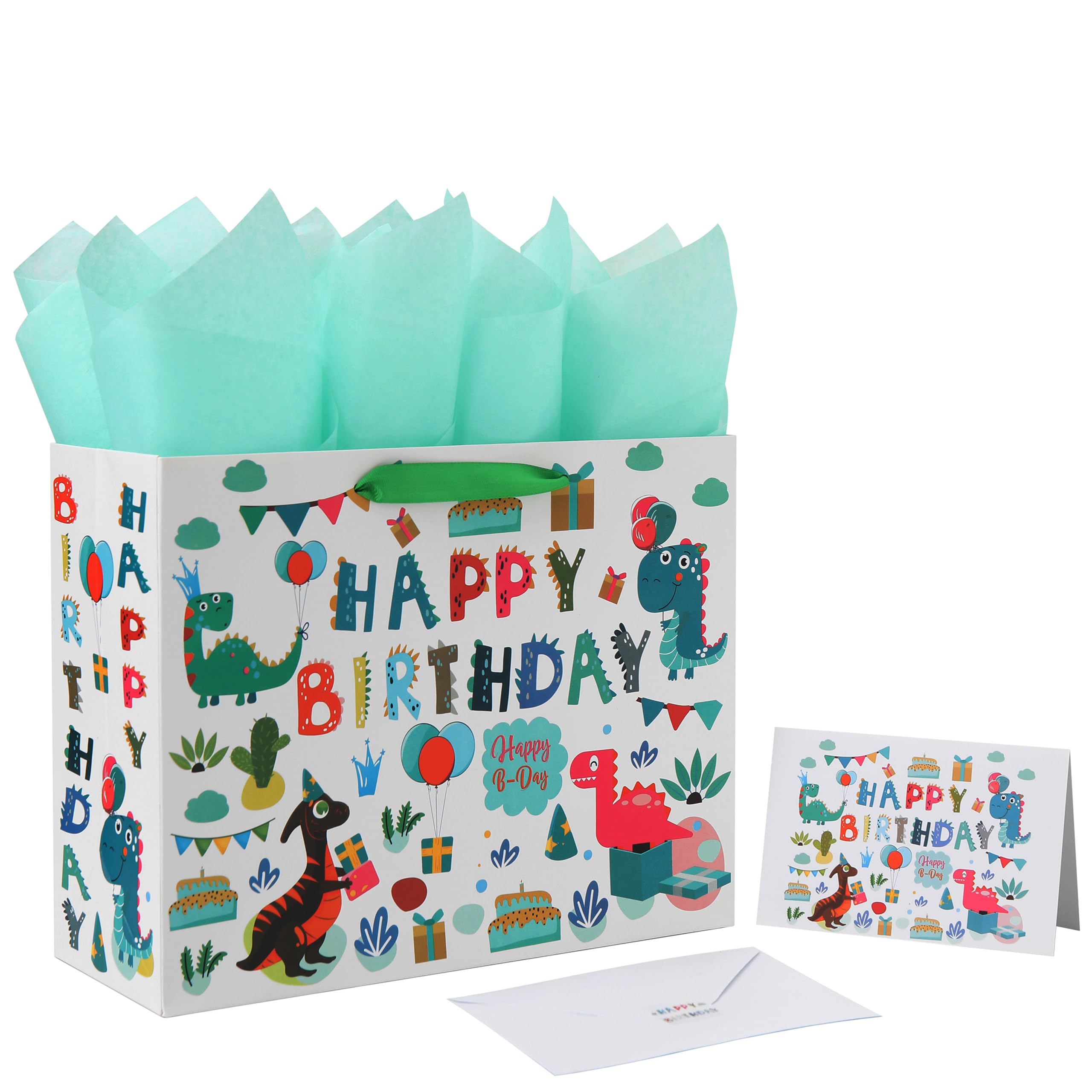 13" Large White Gift Bag Set with Greeting Card and Tissue Paper (Green Dinosaur Design and Happy Birthday) for Boys, Girls, Kids Party, Baby Showers