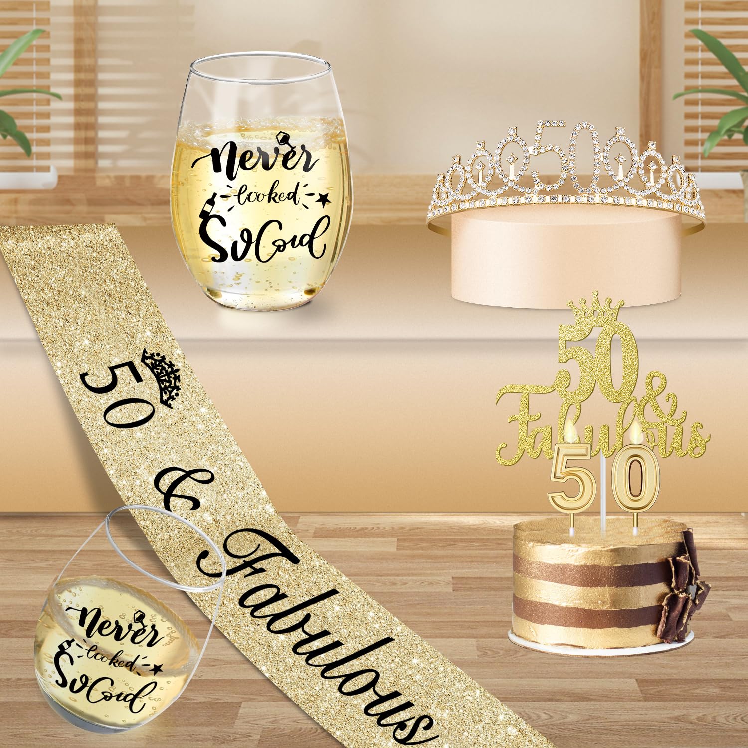 Juesly 50th Birthday Gifts for Women with 15oz Wine Glass, 50th Birthday Crown, Sash, Cake Topper and Candles, 50 Year Old Birthday Decorations 50th Birthday Gifts Idea