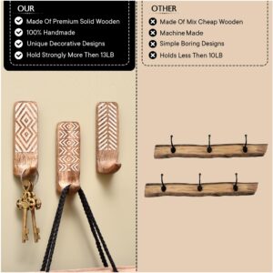 Indian Shelf 3 Pack No Damage Wood Wall Hooks- Adhesive Wall Hooks -Boho Key Decorative Wall Hooks for Hanging- Wood Hangers -Sticky Coat Hooks Wall Mount- Towel Hooks for Bathroom Wall Mounted-Style1