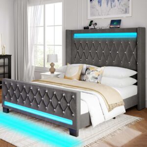 rolanstar queen bed frame with led light and charging station, upholstered high headboard and footboard, wood slats, noise free, easy assembly, grey