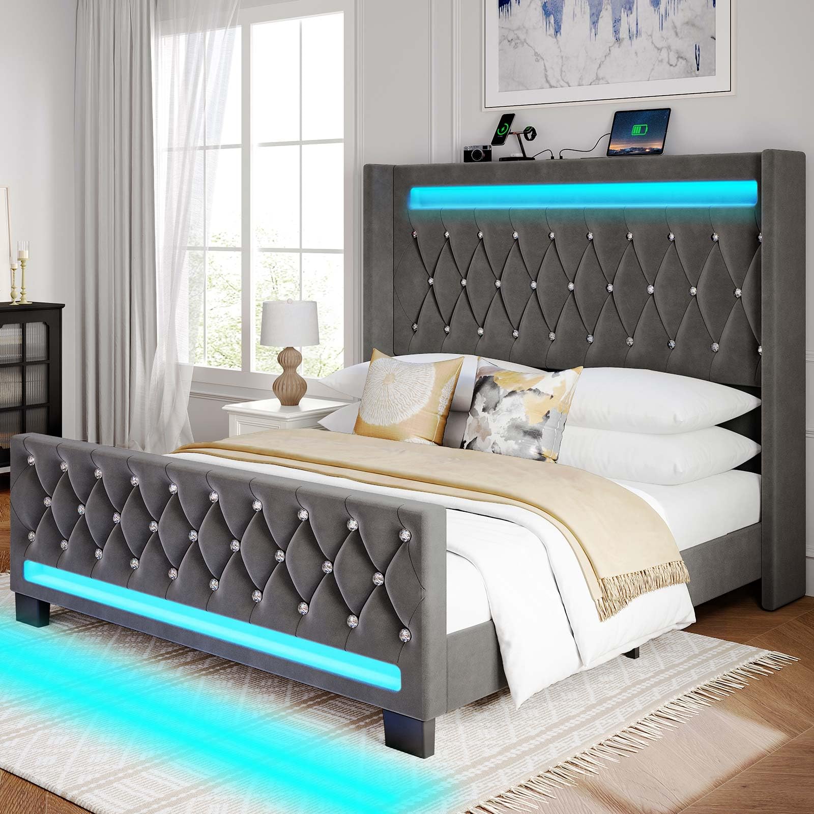 Rolanstar Queen Bed Frame with LED Light and Charging Station, Upholstered High Headboard and Footboard, Wood Slats, Noise Free, Easy Assembly, Grey